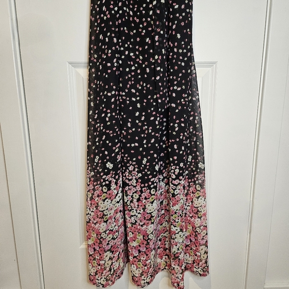 Floral Black Spaghetti Strap Ruffle Top Belted Stretch Waist Maxi Dress Size M - Picture 8 of 14